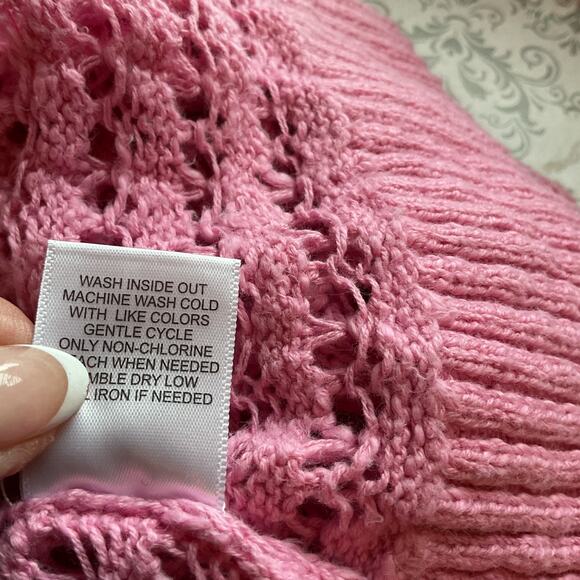Sugar Moon Pink Open Weave Cropped Long Sleeve Short Crochet Cotton Sweater XS - Picture 6 of 7